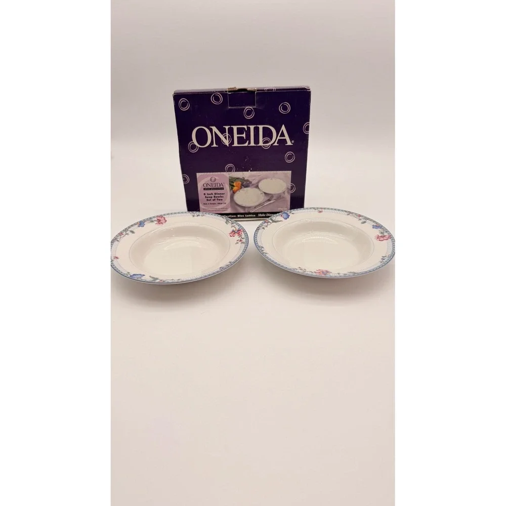 Oneida Blue Lattice Fine Porcelain 8 Inch Dinner Soup Bowls Set of 2 Floral Rim